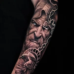 Porträt-Tätowierung, die einen alten Mann darstellt, unter ihm ein Adler